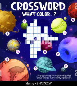 Pianeti spaziali galassie fantasy, foglio di lavoro Crossword trova un gioco di quiz di parole. Crossword vettoriale per bambini, teaser educativo con mondi alieni. Cerca puzzle Illustrazione Vettoriale