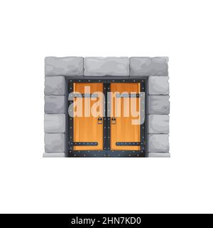 Porta del castello quadrato, cartoon vettore medievale porta con porte in legno e porte in pietra. Fortezza arco portale, prigione fiaba o palazzo arcato en Illustrazione Vettoriale