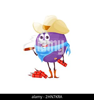 Fumetto Plum cowboy, sceriffo, ladro, bandito e ranger frutta carattere. Vector Wild West personage fumatore sigaro con dinamite in mano. La ha baffiata Illustrazione Vettoriale