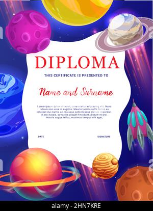 Fantastico universo bambini diploma. Pianeti Galaxy, stelle e razzi spaziali, certificato di educazione vettoriale. Asilo o premio di apprezzamento della scuola per Illustrazione Vettoriale