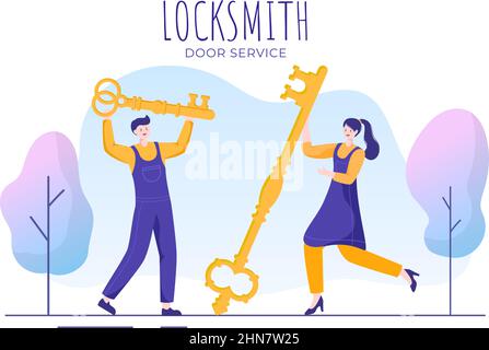 Locksmith riparatore Casa manutenzione, Riparazione e Installazione Servizio con attrezzatura come cacciavite o chiave in Cartoon piatto sfondo Illustrazione Illustrazione Vettoriale