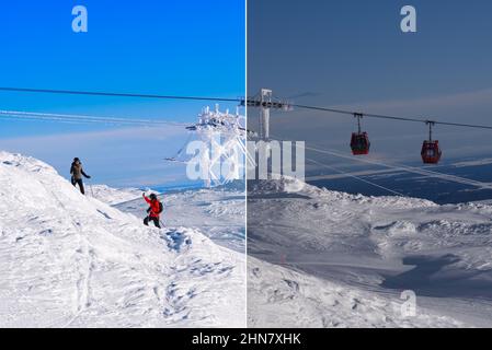 Prima e dopo l'esempio di processo di modifica delle foto. Da RAW a JPEG, correzione del colore delle donne in località sciistica Foto Stock