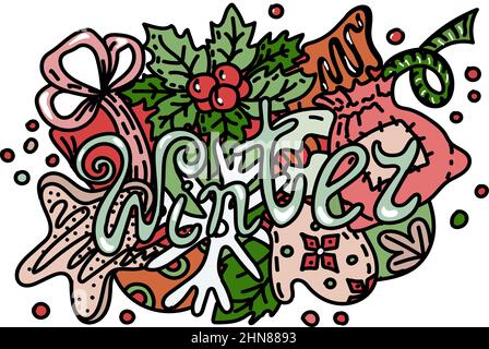 Banner in stile natalizio. Lettere a mano in stile doodle. Inverno. Natale. Oggetti e simboli di vacanza. Anno nuovo. Regalo, pan di zenzero, piante e. Illustrazione Vettoriale