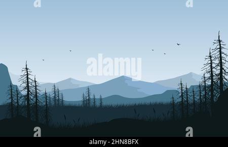 Fantastica vista sulle montagne con silhouette di pini secchi del villaggio su cielo blu. Illustrazione vettoriale di una città Illustrazione Vettoriale
