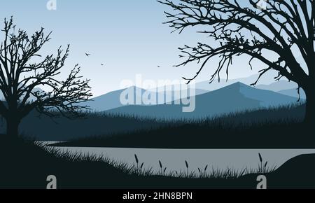 Panorama incredibile di montagne e laghi con cielo blu con fantastiche silhouette di alberi asciutti. Illustrazione vettoriale di una città Illustrazione Vettoriale