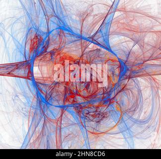 Fili rossi e blu disposti in cerchi intorno al centro. Sfondo bianco Foto Stock