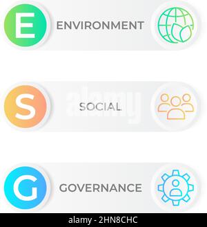 Concetto ESG, infografica. Governance ambientale, aziendale e sociale per le imprese. Illustrazione vettoriale con icone. Illustrazione Vettoriale