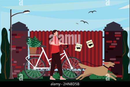 Una donna cammina con un cane nel parco. Concetto attivo di ricreazione. Illustrazione Vettoriale