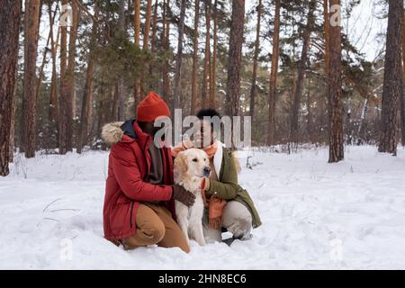 Coppia felice Africana che si parla l'un l'altro mentre si riposa sulla neve e abbraccia il loro cane durante la passeggiata nella foresta invernale Foto Stock