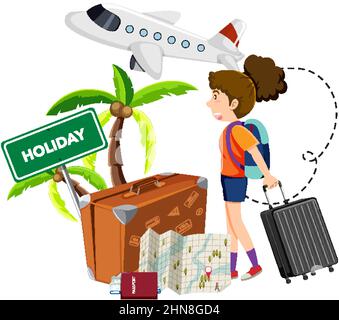 Una ragazza con oggetti in viaggio su sfondo bianco illustrazione Illustrazione Vettoriale