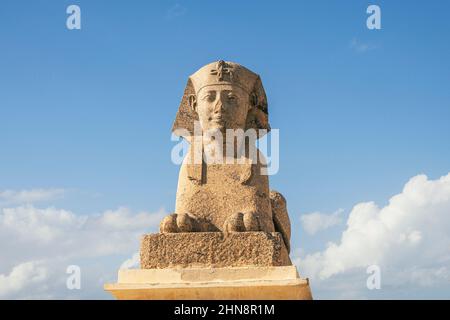 Alessandria, Egitto. Statua di Sfinge sullo sfondo di un cielo blu nuvoloso situato vicino a Pompeys Pillar in giornata di sole Foto Stock