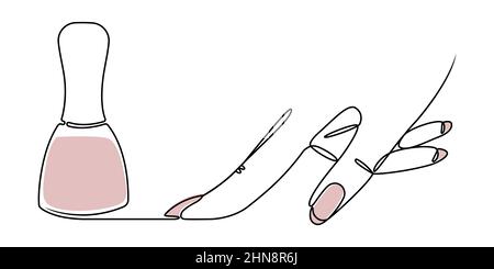 Disegno lineare di una mano e smalto unghie su sfondo bianco. Illustrazione stilizzata dello schizzo per la progettazione di saloni di bellezza e manicure. Mano vettoriale Illustrazione Vettoriale
