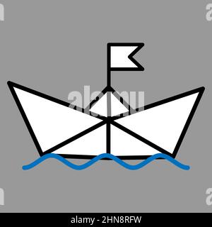 Illustrazione vettoriale dell'icona della barca su carta con indicatore. Contorno semplice barca di carta isolato su sfondo grigio. Icona simbolo di viaggio e mare. Illustrazione Vettoriale