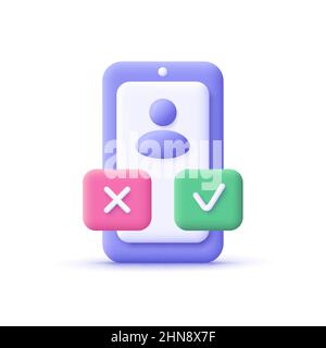 Smartphone con segno di spunta e croce. Incontri, reclutamento, sondaggio, scelta, test online, quiz su internet, sì e no, concetto di voto. 3d icona vettore Illustrazione Vettoriale