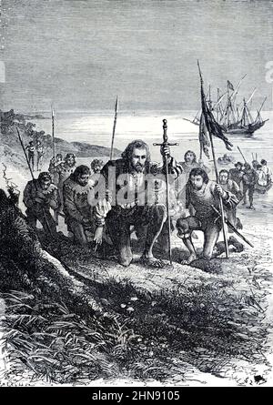 Cristoforo Colombo e la sua Crew Land a San Salvador, ora Bahamas, scoprendo così il nuovo mondo o il Nord America, durante il suo primo viaggio, nel 1492. Illustrazione o incisione vintage 1881. Foto Stock