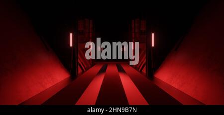 Sci-Fi Corridoio Hangar seminterrato corridoio sotterraneo rossastro marrone colori sperimentale Lab 3D rendering Foto Stock