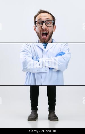 Immagine composita, collage con di giovane chimico, medico urlando, urlando isolato su sfondo bianco. Concetto di farmacologia. Divertenti emozioni meme Foto Stock