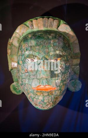 Jade Mask, 200-600 d.C., dalla zona archeologica di Calakmul, Museo, Fort San Jose, Campeche, Stato di Campeche, Messico Foto Stock