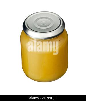 salsa di mele in vaso isolato su bianco Foto Stock