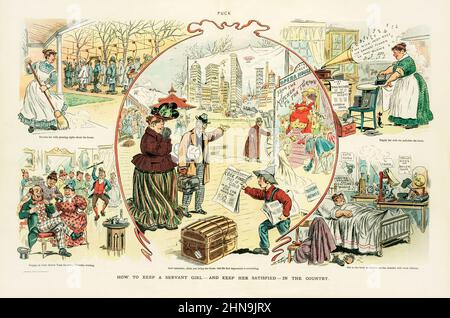 Una serie di vignette American Puck Magazine della fine del 19th secolo che delinea i vantaggi che aiutano a mantenere il personale domestico irlandese. Foto Stock
