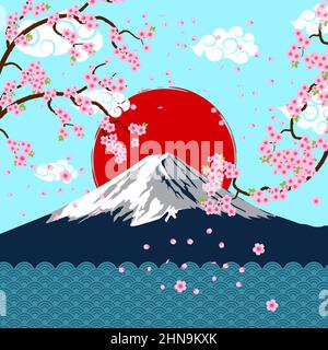 L'arte giapponese mt.Fuji con la fioritura dei ciliegi Illustrazione Vettoriale