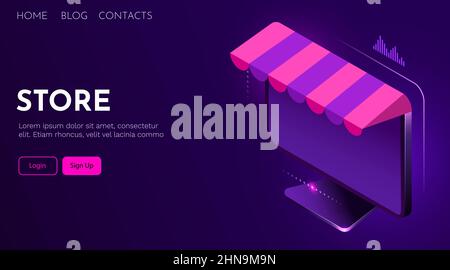 Concetto di shopping online. Notebook con tenda. Modello di pagina di destinazione. Illustrazione Vettoriale