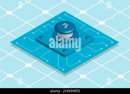 Pulsante blu con segno di idrogeno dell'elemento chimico. Transizione a fonti di energia alternative. Concetto isometrico 3D. Vettore Illustrazione Vettoriale