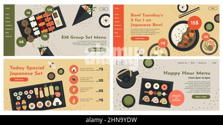 Offerta di menu di cibo giapponese al set di disegno di pagina web Illustrazione Vettoriale