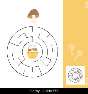 Gioco di labirinto per bambini. Divertente foglio di lavoro per lo sviluppo dell'istruzione. Funghi e cestino. Puzzle per bambini. Pagina attività con risposta. Gioco di labirinto rotondo Illustrazione Vettoriale