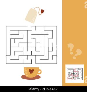 Tazza e bustina di tè. Gioco di labirinto vettoriale per bambini prescolare. Semplice gioco per bambini con soluzione Illustrazione Vettoriale
