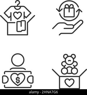 Donare le merci usate pixel perfetto lineare icone set Illustrazione Vettoriale