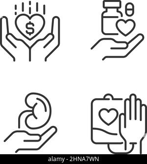 Donazione alle organizzazioni sanitarie pixel Perfect linear icone set Illustrazione Vettoriale