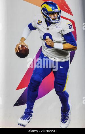 Domenica 13 febbraio 2022, 2022; Inglewood, CA USA; Una vista generale del quarterback dei Los Angeles Rams Matthew Stafford (9) fuori dal SoFi Stadium prima del Super Bowl LVL tra i Cincinnati Bengals e i Los Angeles Rams. I Rams batterono i Bengals 23-20. (Kim Hukari/immagine dello sport) Foto Stock