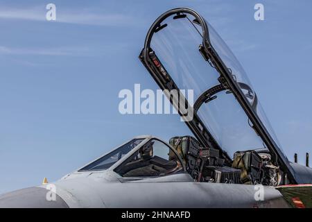 Cockpit Canopy Open di Fighter Jet Aircraft Foto Stock