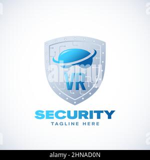 Virtual Reality Security Abstract Vector Sign, Symbol, Logo Template. Protezione per circuito di sicurezza spaziale digitale. Occhiali di protezione per il Cyberspace VR Illustrazione Vettoriale