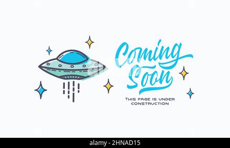 Presto in arrivo lettere con delineato UFO segno modello web. Pagina in costruzione sito web vettore colorato sfondo banner isolato Illustrazione Vettoriale
