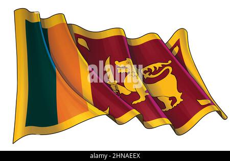 Illustrazione vettoriale di una bandiera ondeggiante dello Sri Lanka. Tutti gli elementi in modo preciso su livelli e gruppi ben definiti. Illustrazione Vettoriale