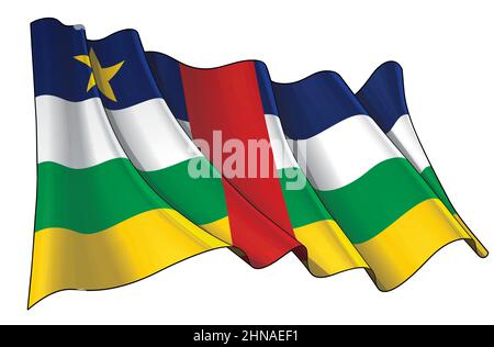 Illustrazione vettoriale di una bandiera ondeggiante della Repubblica Centrafricana. Tutti gli elementi in modo preciso su livelli e gruppi ben definiti. Illustrazione Vettoriale