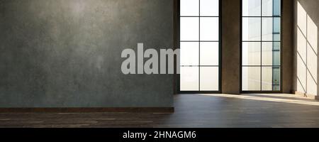 moderno studio di design industriale loft soggiorno con grandi finestre e pareti in cemento 3d rendere illustrazione Foto Stock