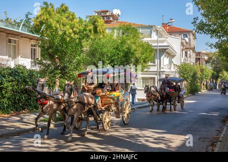 BUYUKADA, TURCHIA - 10th ottobre 2019: Carrozza di cavalli nella strada dell'isola di Buyukada, Turchia Foto Stock