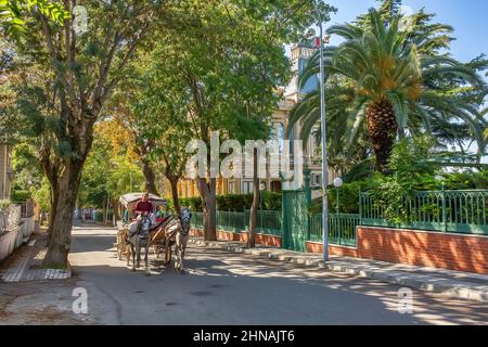 BUYUKADA, TURCHIA - 10th ottobre 2019: Carrozza di cavalli nella strada dell'isola di Buyukada, Turchia Foto Stock