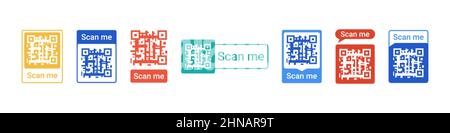 Frame di codice QR per illustrazione flat vettoriale di pagamento contactless per smartphone. Set di modelli Scan me per applicazioni mobili per Internet business. Scansione di codici a barre per la tecnologia di shopping online senza contanti. Illustrazione Vettoriale