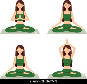 Set di donne meditanti. Ragazze in posizione di loto che praticano yoga, illustrazione vettoriale Illustrazione Vettoriale