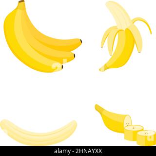 Banana, frutta intera, metà e fette, illustrazione vettoriale Illustrazione Vettoriale