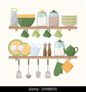 Ripiani da cucina con utensili da cucina. Set di utensili da cucina, illustrazione vettoriale Illustrazione Vettoriale