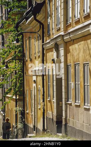 Vecchie facciate di casa a Stoccolma Foto Stock