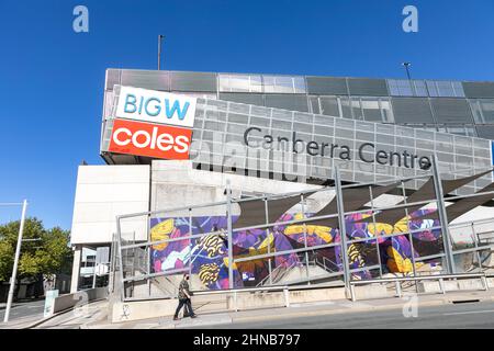 Canberra Center, centro commerciale al dettaglio nel centro della città di Canberra, comprende grandi magazzini W e Coles, Canberra, ACT, Australia Foto Stock