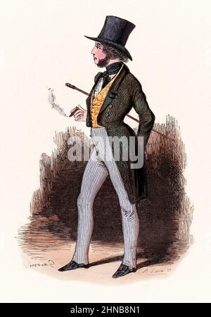 Illustrazione di "le Sportsman Parisien" di Rodolphe d'Ornano (1861-1865) di Paul Gavarni (1804-1866). Fotografia di un'incisione originale a mano colorata pubblicata nel 1840. Foto Stock