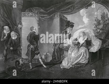 Olivia, Maria e Malvolio nella Casa di Olivia dalla dodicesima Notte di Shakespeare, atto 3, scena 4 Foto Stock