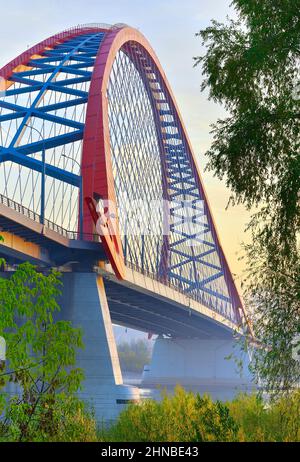 Ponte Bugrinsky in autunno dorato. Ponte automobilistico ad arco sulle rive del fiume OB tra le corone di alberi. Novosibirsk, Siberia, Russia, 2021 Foto Stock